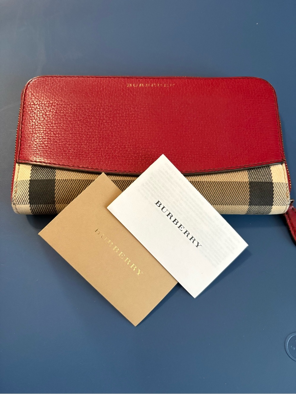Burberry Elmore House Check Derby Leather Zip Around Wallet Crimson Red Gold HW